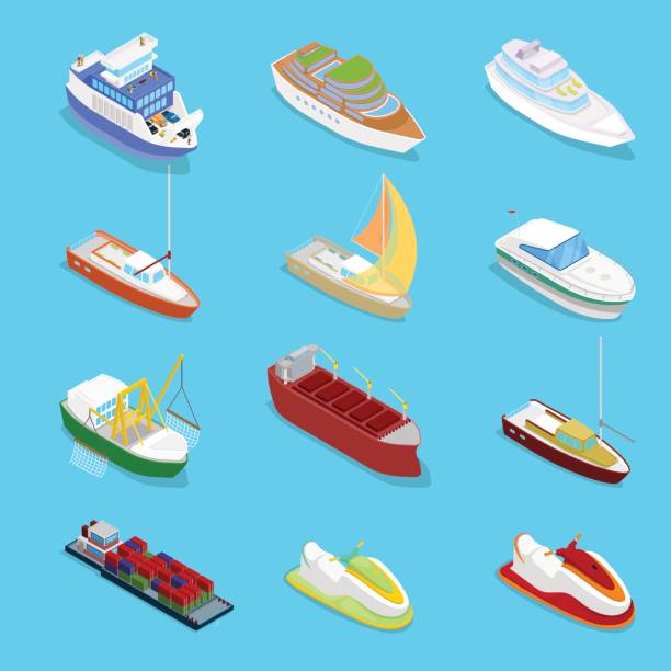 illustrazioni stock, clip art, cartoni animati e icone di tendenza di set di trasporto idrico isometrico con crociera - isometric nautical vessel yacht sailboat