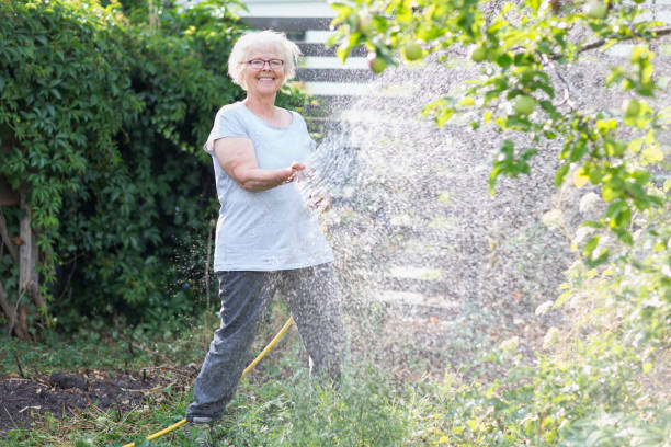 istock Senior woman having fun watering garden 812735188