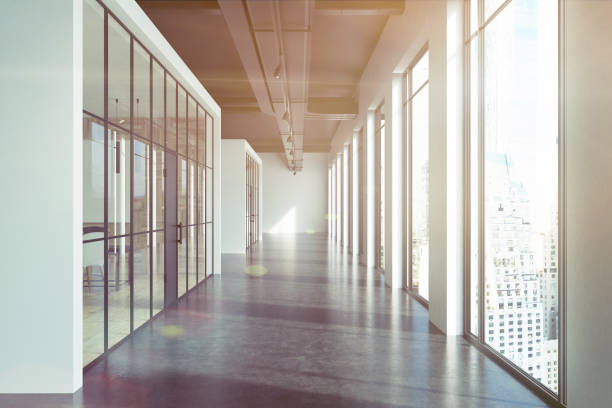 istock Office corridor, glass walls, front toned 812741148