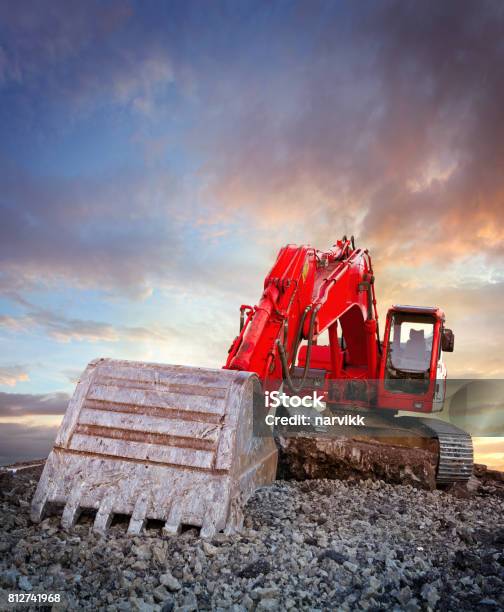 Red Excavator At Construction Site Stock Photo - Download Image Now ...