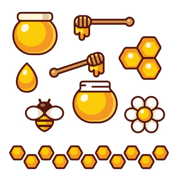ilustrações, clipart, desenhos animados e ícones de conjunto de ícones de mel - spoon honey cute jar