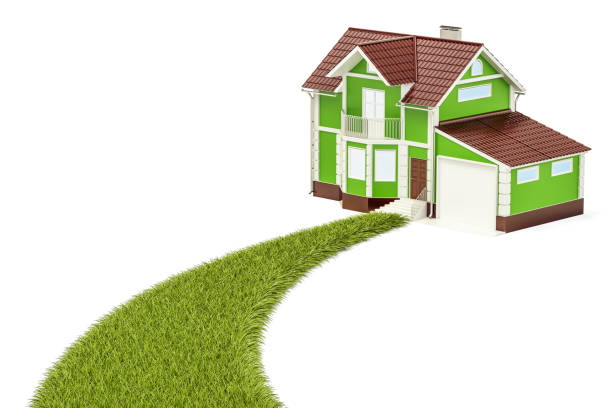 istock Ecological house concept, green grassy way to home. 3D rendering isolated on white background 812754532
