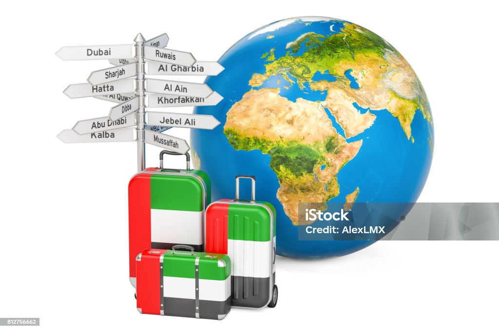 United Arab Emirates travel concept. Suitcases with UAE flag, signpost and Earth globe United Arab Emirates travel concept. Suitcases with UAE flag, signpost and Earth globe. The source of the map - http://visibleearth.nasa.gov/view.php?id=57730 Abu Dhabi Stock Photo