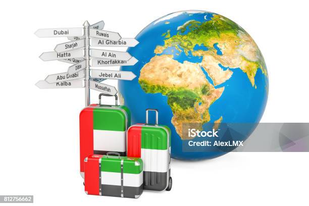 United Arab Emirates Travel Concept Suitcases With Uae Flag Signpost And Earth Globe Stock Photo - Download Image Now