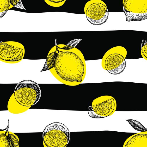 ilustraciones, imágenes clip art, dibujos animados e iconos de stock de patrón transparente de rayas con limones. - lemon backgrounds fruit textured