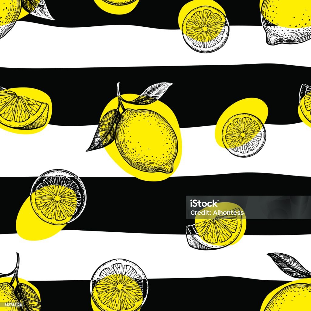 Striped seamless pattern with lemons. Striped seamless pattern with hand drawn lemons. Summer background. Lemon - Fruit stock vector