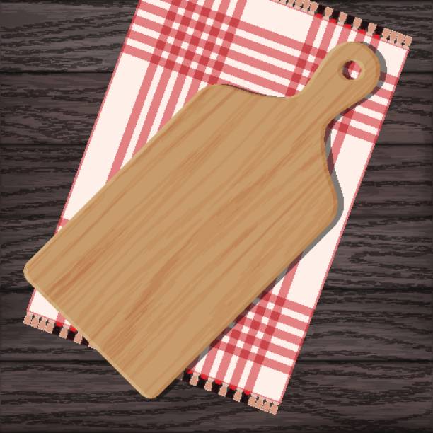 ilustrações de stock, clip art, desenhos animados e ícones de wooden chopping board with gingham cloth - cutting board cooking wood backgrounds