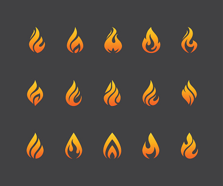 Set of bright orange flame icons. Hot fire burn, torch, bonfire symbol. Water drop shape. Oil and gas industry design element isolated on black background.