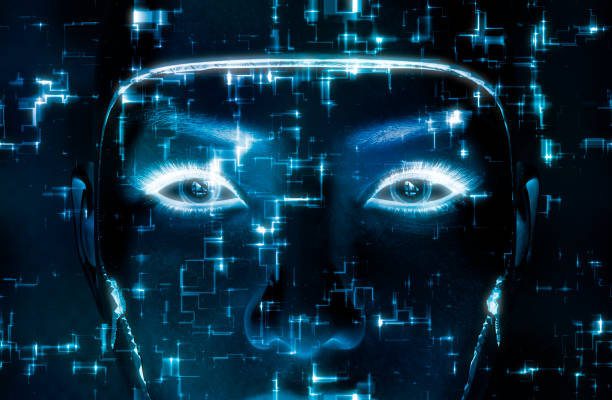 istock 3D rendering of a female robot face 812787916