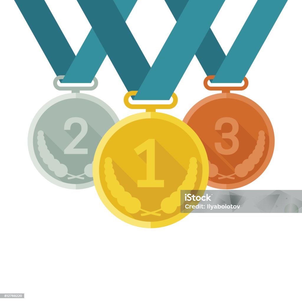 Medals from gold, silver and bronze Prize medals with ribbons on white background. Vector banner with medals from gold, silver and bronze in flat style. International Multi-Sport Event stock vector
