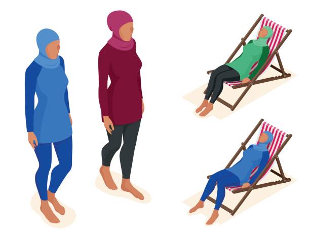 穆斯林女人的泳衣。等距的穆斯林、 伊斯蘭、 傳統服裝，女性。向量圖上白色孤立。 - 回教泳裝 圖片 幅插畫檔、美工圖案、卡通及圖標