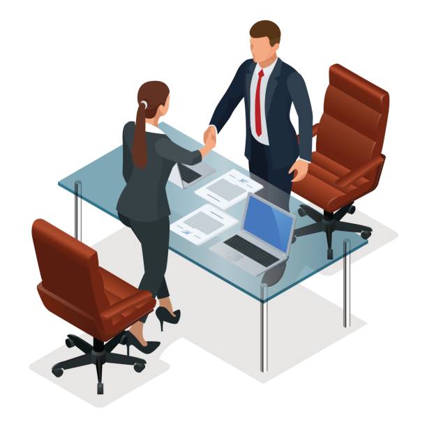 Businesspeople handshaking after negotiation or interview at office. Productive partnership concept. Constructive Business Confrontation isometric vector illustration Businesspeople handshaking after negotiation or interview at office. Productive partnership concept. Constructive Business Confrontation isometric vector illustration. interview event icons stock illustrations
