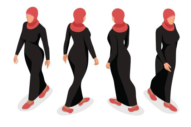 bildbanksillustrationer, clip art samt tecknat material och ikoner med uppsättning av business arabisk kvinna character med hijab. isometrisk vektor personer karaktär. - iranian girl