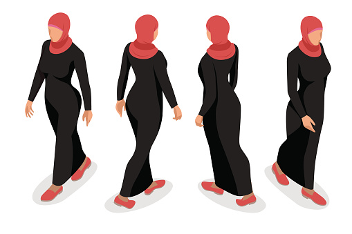 Set of business arab woman character with hijab. Isometric vector people character