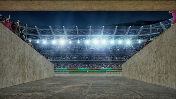 istock soccer field with lights and spectors 3d rendering view from entering corridor 812834182