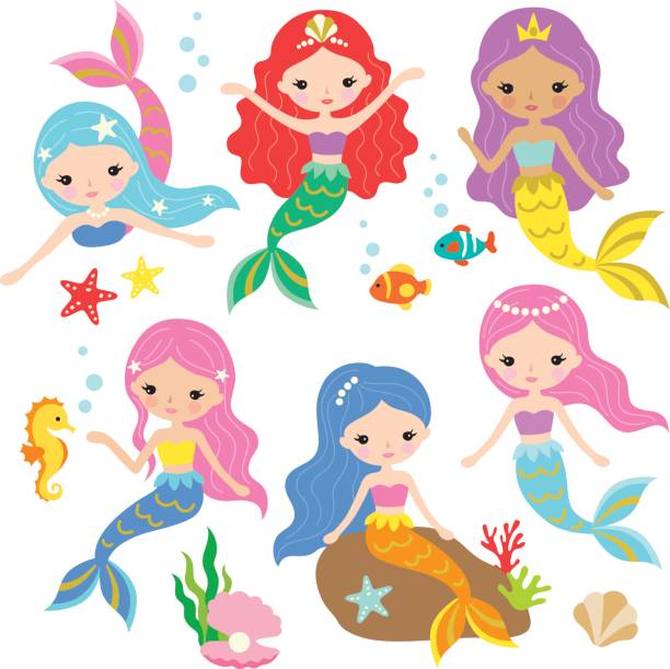 illustrazioni stock, clip art, cartoni animati e icone di tendenza di set vettoriale principessa sirena - echinoderm