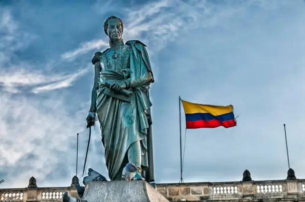 Simon Bolivar statue on the front of National Capitol in Bogota, Colombia.