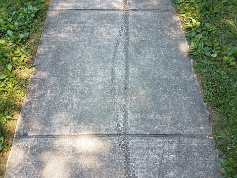 bike tire tracks in a grey cement sidewalk