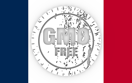 Distressed stamp icon. Graphic design elements. 3D rendering. GMO free text. Flag of the France