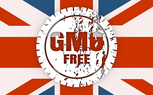 Distressed stamp icon. Graphic design elements. 3D rendering. GMO free text. Flag of the Great Britain