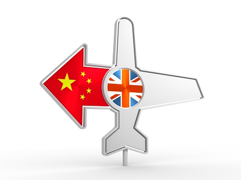 Emblem design for airlines, airplane tickets, travel agencies. Airplane icon and destination arrow. Flags of the Great Britain and China. 3D rendering