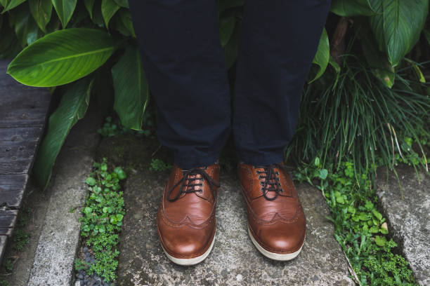 istock Brown leather shoes. View from above in garden 812895982