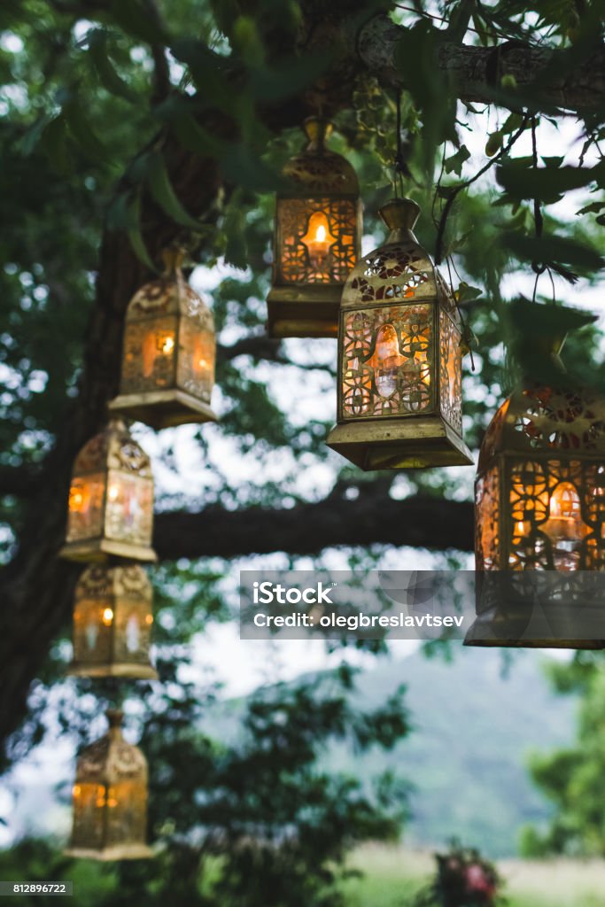 Night wedding ceremony with a lot of vintage lamps and candles on big tree Arch - Architectural Feature Stock Photo