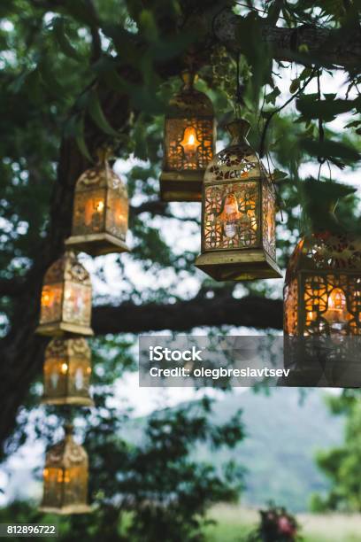 Night Wedding Ceremony With A Lot Of Vintage Lamps And Candles On Big Tree Stock Photo - Download Image Now