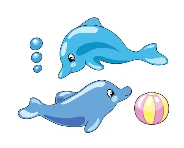 Vector illustration of Cute dolphins with playing ball vector illustration in cartoon style.