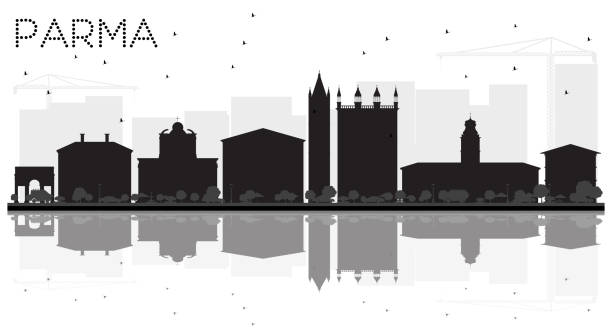 Parma City skyline black and white silhouette with reflections. Parma City skyline black and white silhouette with reflections. Vector illustration. Cityscape with landmarks. parma italy stock illustrations