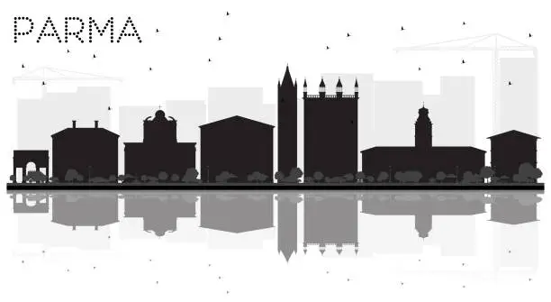 Vector illustration of Parma City skyline black and white silhouette with reflections.
