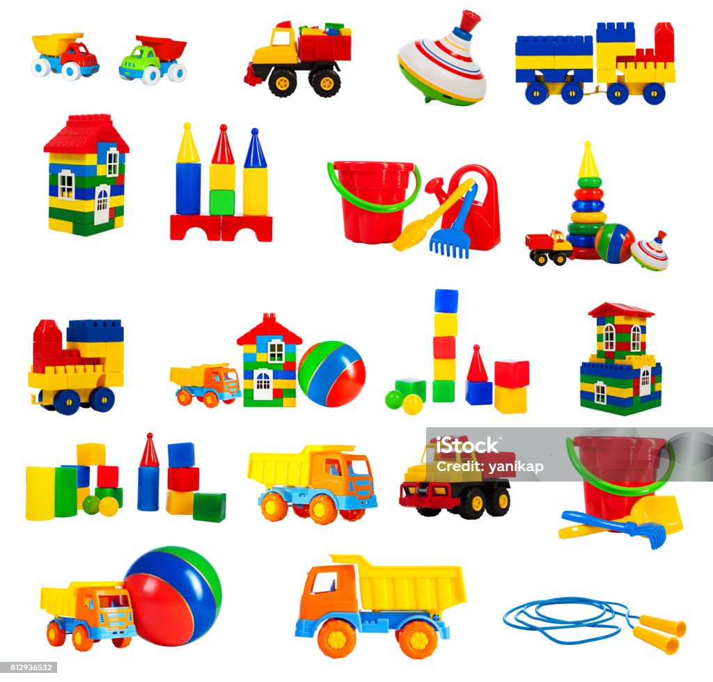 colorful toy for children isolated on white background, set. colorful toy for children isolated on white background, set. toys - a truck, a train, blocks, jump rope, house, whirligig, ball, construction blocks, pyramid, bucket, shovel, rake, watering Toy Stock Photo