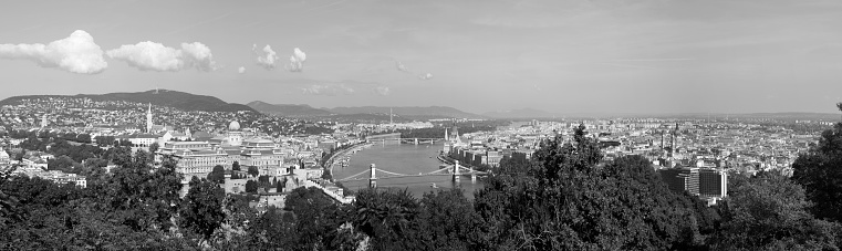 Budapest Hungary Sept 27 2016: Panoramic view from Gellert Hill  to the Hungarian Royal Castle. Budapest with the Carle District is a must see while in Europe. Many buildings, artworks are listed by UNESCO as a World Heritage site, and was first completed in 1265.
