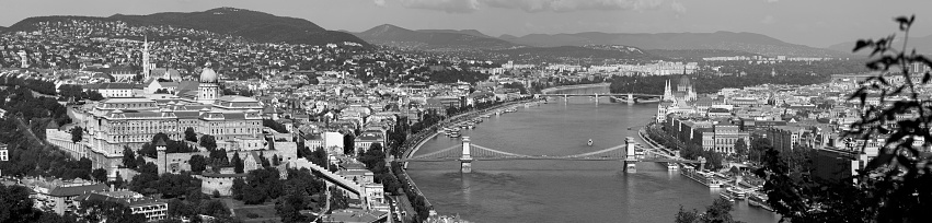 Budapest Hungary Sept 27 2016: Panoramic view from Gellert Hill  to the Hungarian Royal Castle. Budapest with the Carle District is a must see while in Europe. Many buildings, artworks are listed by UNESCO as a World Heritage site, and was first completed in 1265.