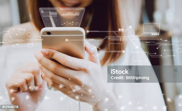 Women Using A Smartphone In The Display And Technology Advances In Stores Take Your Screen To Put On Advertising Stock Photo - Download Image Now