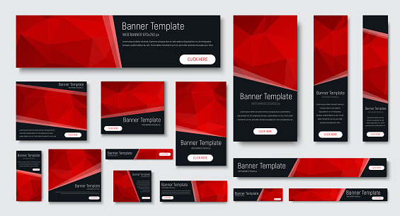 design of black banners of standard size. Templates with red polygonal elements and buttons. Vector illustration. Set