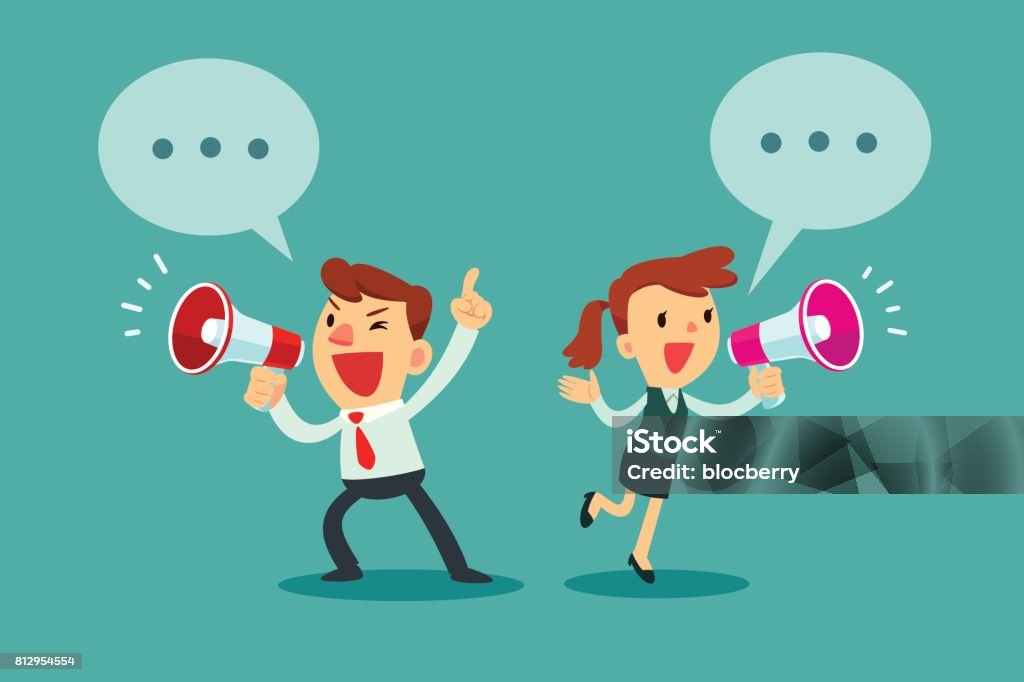 businessman and businesswoman talking in megaphone Happy businessman and businesswoman talking into megaphone. Make an announcement. Megaphone stock vector