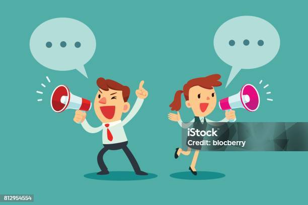 Businessman And Businesswoman Talking In Megaphone Stock Illustration - Download Image Now - Megaphone, Women, Cartoon