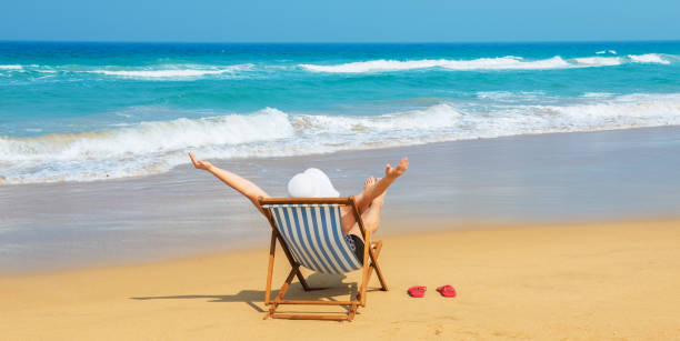 istock Happy woman  in white sunhat on the beach 812955436