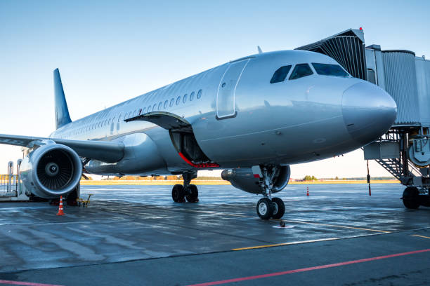 istock Passenger airplane parked to a boarding bridge with open luggage compartment 812957664