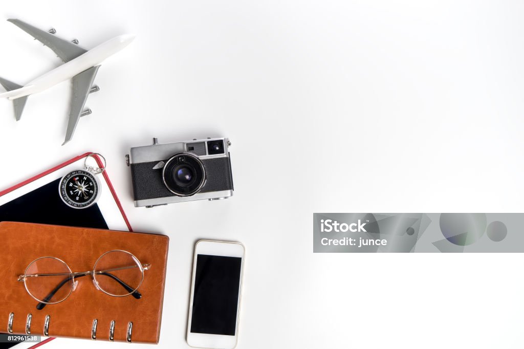 Travel Blogger accessories isolated on white copy space Travel Stock Photo