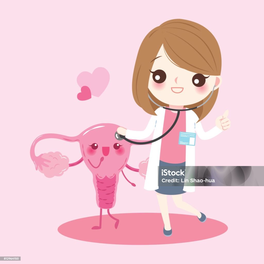 cartoon uterus with doctor cartoon uterus with doctor on the pink background Uterus stock vector