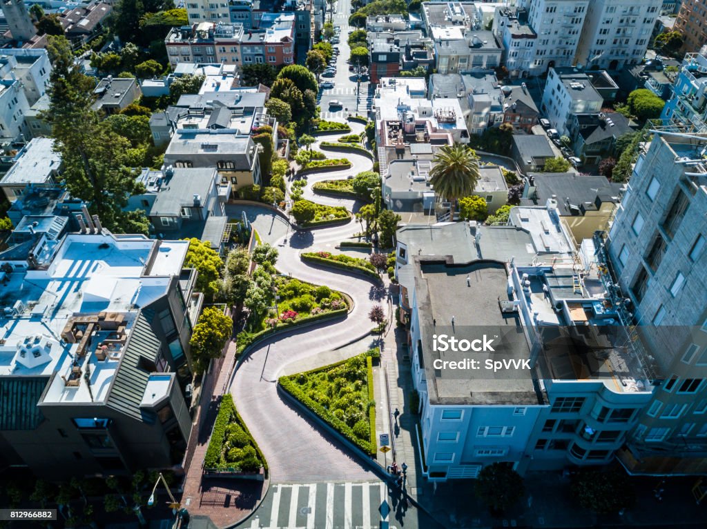 Aerial view of the Lombard street in San Francisco Iconic California landmark seen from above San Francisco - California Stock Photo