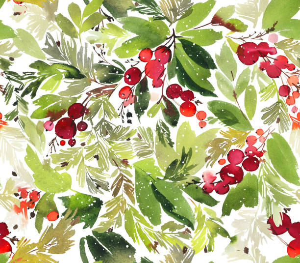 бесшовная акварель рождественский узор с ягодами и елью - christmas holly backgrounds pattern stock illustrations