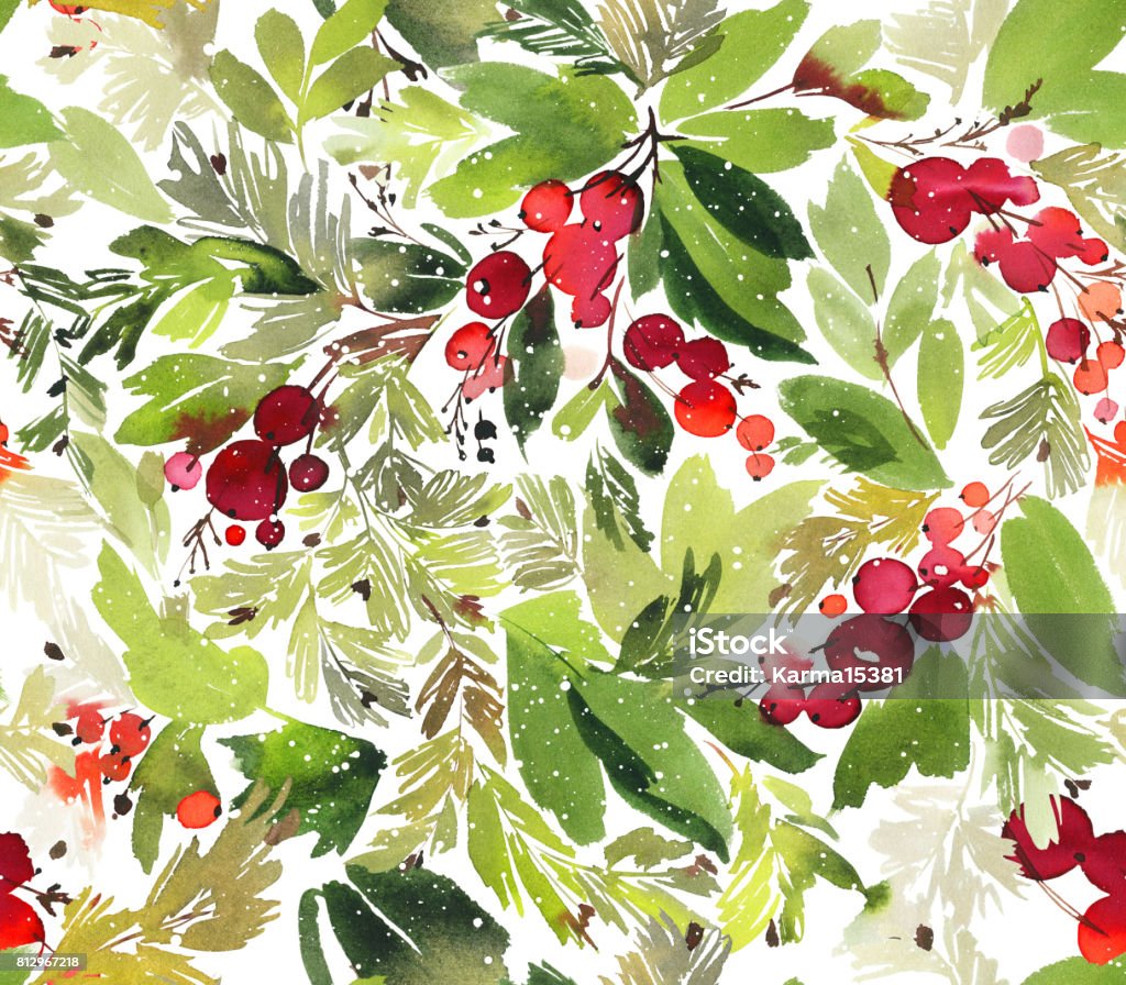 Seamless watercolor Christmas pattern with berries and spruce Christmas stock illustration