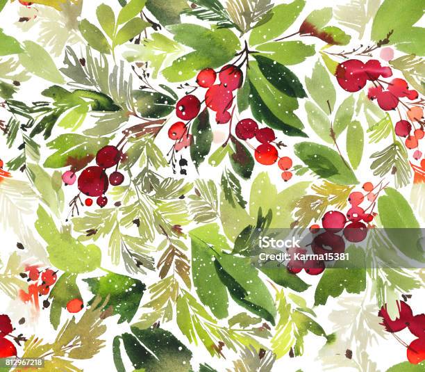 Seamless Watercolor Christmas Pattern With Berries And Spruce Stock Illustration - Download Image Now