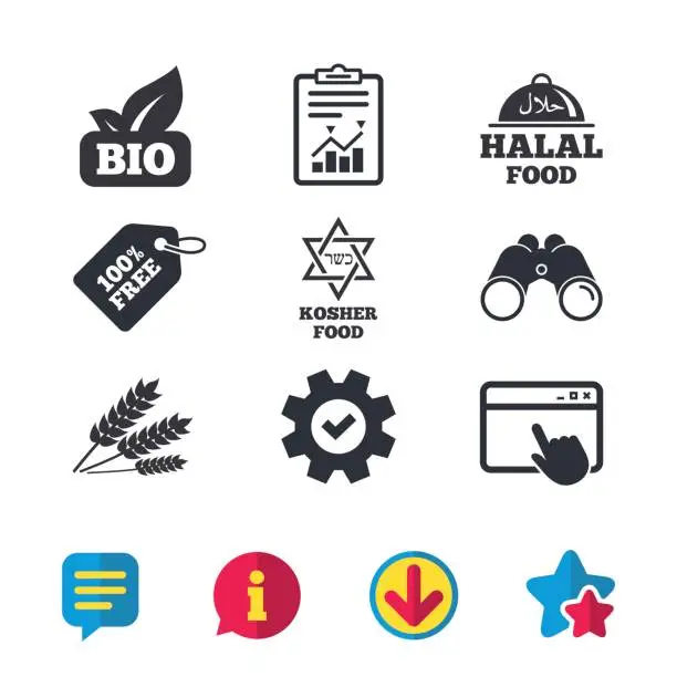 Vector illustration of Natural Bio food icons. Halal and Kosher signs.