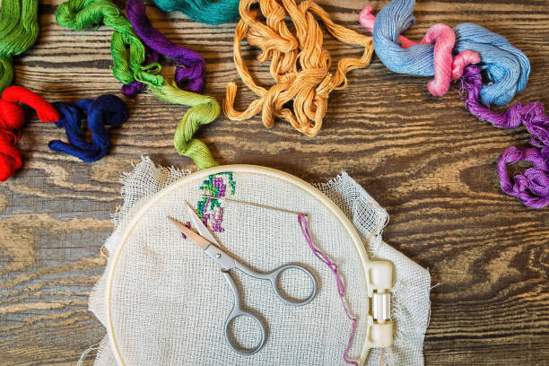 istock Embroidery. Sewing accessories. Canvas, hoop, thread mouline.  Wooden background. 812990440