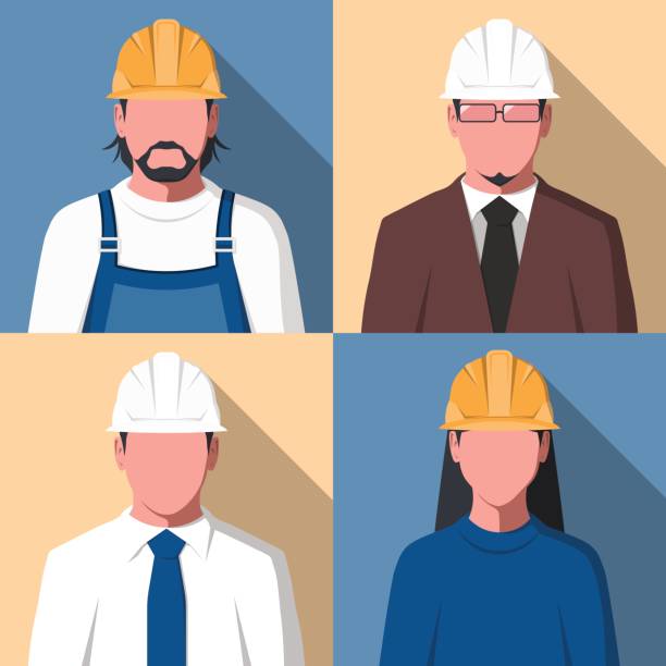 Avatars of construction worker Silhouettes of people in hard hat for user profile picture. Avatars of construction workers. Engineering staff in flat design. building contractor illustrations stock illustrations