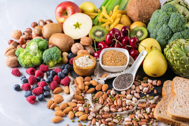 Selection of healthy rich fiber sources vegan food for cooking Healthy balanced dieting concept. Selection of rich fiber sources vegan food. Vegetables fruit seeds beans ingredients for cooking. Copy space background omega 3 photos stock pictures, royalty-free photos & images